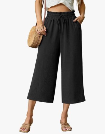 Womens Summer 3/4 Pants Flowy High Waisted Loose Casual Lounge Pant Wide Leg Palazzo Capris Adjustable with Pockets