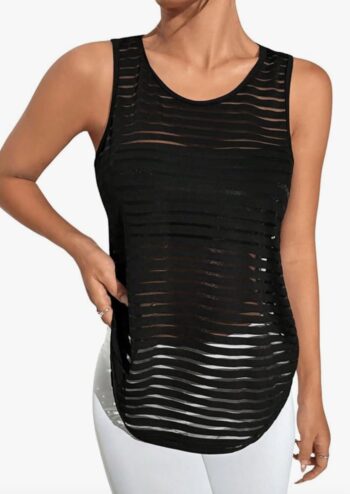 Women's Striped Sheer Sports Tank Top Sleeveless Athletic Shirts Active Gym Tops Activewear