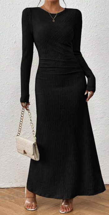 Fall Dress for Women 2024 Long Sleeve Maxi Dress Formal Crew Neck Bodycon Ruched Textured Slim Cocktail Party Dress