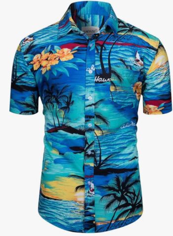 Mens Hawaiian Short Sleeve Shirt Suits Flower Print Suits Tropical 2PC Sets Button Down Shirts and Shorts Outfit
