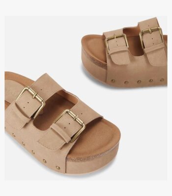 Coutgo Women's Cork Platform Sandals Slip on Mules and Clogs Double Buckle Straps Summer Shoes