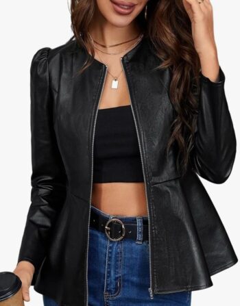 Woman’s Faux leather half zip up V Collar black jacket