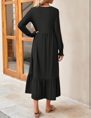 ZESICA Women's Spring Long Sleeve Dress 2025 Crewneck Casual Loose Pleated Tiered Swing Midi Dresses with Pockets