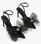 Coutgo Women's Mesh Bow Tie Heels Rhinestone Pointed Toe Lace Up Stilettos Dress Party Pump Shoes, Black