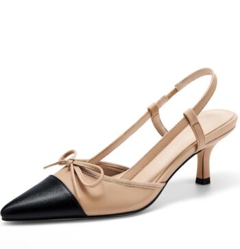 Coutgo Women's Bow Tie Slingback Pumps Pointed Toe Kitten Low Heel Patchwork Dress Heeled Sandals, Khaki,