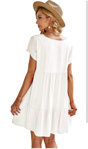 Fangetey Women's V-Neck Tunic Dresses Short Sleeve Button Down Loose Casual Summer Short Flowy Swing Dress