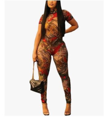 ksotutm Sexy Jumpsuits for Women Mesh Print Short Sleeve Bodycon Jumpsuit