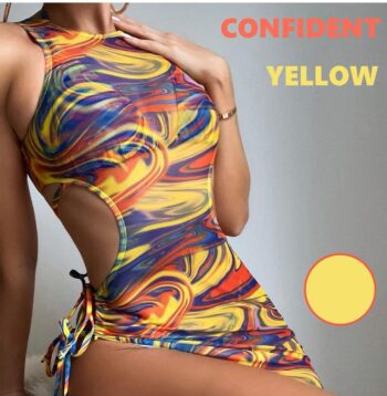 3 Piece Swimsuits for Women Padded Floral Print String Bikini Sets Bathing Suit Set Sexy Cutout High Neck Mesh Beach Cover Up
