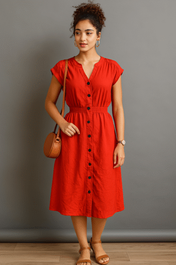 Button-Front Red Midi Dress with Elastic Waist and Cap Sleeves
