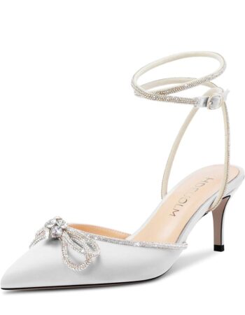HDEUOLM Women Mid Heel Pointed Toe Pumps Ankle Strap Slingback Rhinestone Crystal Bow-Knot Party Dress 2.6 Inches Heels