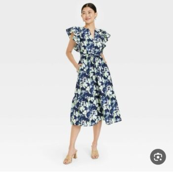 a new day Flutter Short Sleeve Poplin Tiered Midi Dress in Blue/Green Floral