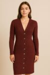 burgundy ribbed knit cardigan dress featuring long sleeves, a deep V-neckline, and a row of gold-tone buttons down the front