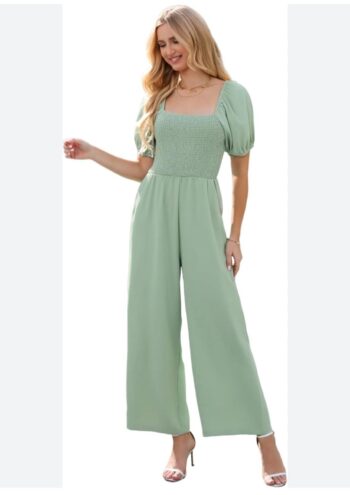 Love Welove Fashion Jumpsuits for Women Dressy Short Sleeve Smocked High Waist Wide Leg Pants Loose Romper Outfits