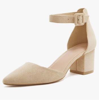 LAICIGO Women's Pointed Toe Pumps Ankle Strap Buckle Chunky Block Heel Dress D'Orsay Shoes