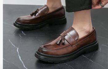 Leather Tassel Platform Slip on Loafers Luxury Round Toe Lug Sole Non-Slip Dress Shoes Casual