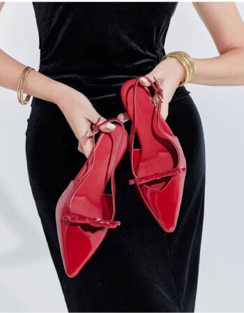 Coutgo Womens Bow Slingback Heels Low Kitten Heel Pumps Closed Pointed Toe Party Wedding Dress Shoes