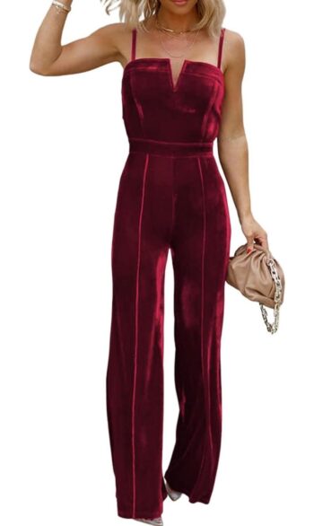 BLENCOT Sleeveless Velvet Jumpsuits For Women V Neck Spaghetti Straps Wide Leg Long Pants Dressy Rompers Winter Overalls S-XL
