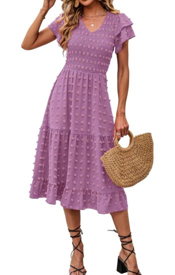 BTFBM Women Casual Summer Short Ruffles Tiered Sleeve Smocked Midi Dresses Bohemian Floral V Neck Wedding Guest Long Dresse