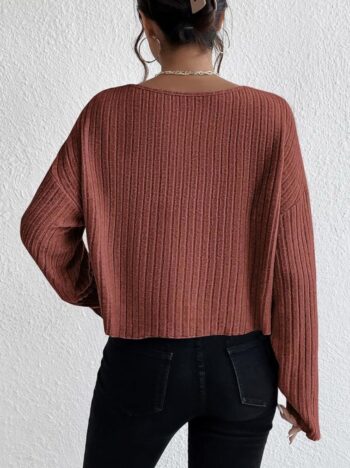 Women's Long Sleeve Boat Neck Plain Tee Casual Drop Shoulder Rib Knit T Shirt Crop Top sparkly