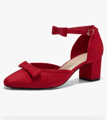 Coutgo Womens Chunky Low Heels Bow Closed Toe Ankle Strap Pumps Elegant Wedding Party Dress Shoes