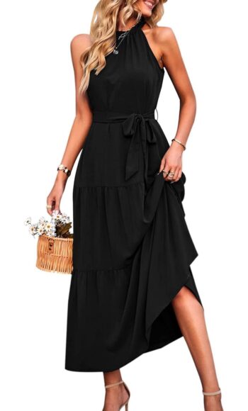 PRETTYGARDEN Women's Summer Floral Maxi Sun Dress Sleeveless Halter Neck Flowy Ruffle Hem Long Boho Dresses with Belt