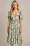 Floral Charm: Sage Green Midi Dress with Puff Sleeves & Smocked Bodice