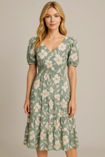 Floral Charm: Sage Green Midi Dress with Puff Sleeves & Smocked Bodice
