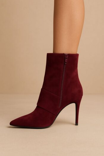 sleek burgundy suede ankle boot featuring a pointed toe, stiletto heel, and side zipper closure. Perfect for a chic and elegant look