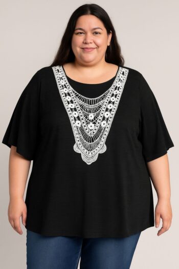 Elegant Black Tunic with White Lace Neckline