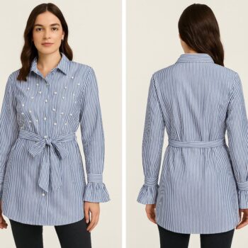 Blue and white striped shirt dress with pearl embellishments, flared cuffs, and a waist tie, styled on a woman from both front and back views.