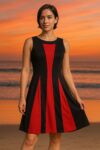 sleeveless black and red fit-and-flare dress featuring