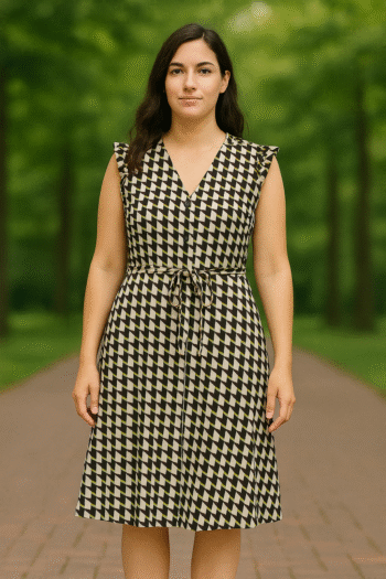 sleeveless knee-length dress featuring a bold geometric cube print in shades of brown, white, and light blue.
