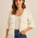 Fringed Knit Cardigan with 3/4 Sleeves