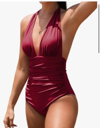 CUPSHE Women V Neck One Piece Swimsuit Halter Backless Ruched Tummy Control Bathing Suit