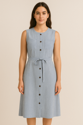 This is a sleeveless, button-down midi dress with a blue and white vertical stripe pattern. It features two front chest pockets with horizontal stripes