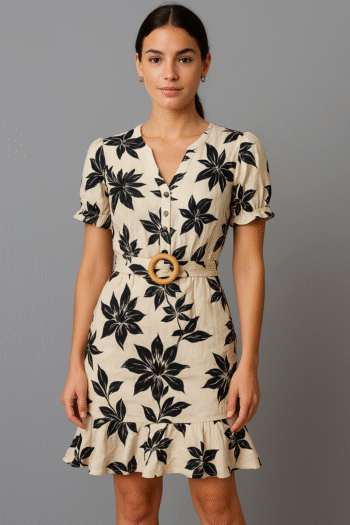 This is a cream-colored short-sleeve dress featuring a bold black floral print and a V-neckline. I