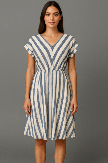 This is a knee-length, short-sleeve dress featuring a bold navy and white stripe pattern. It has a flattering V-neckline, cinched waist, and relaxed fit—