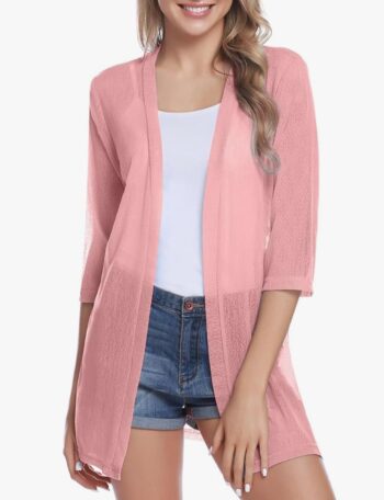 Women Casual 3/4 Sleeve Sheer Open Front Cardigan Sweater Kimono