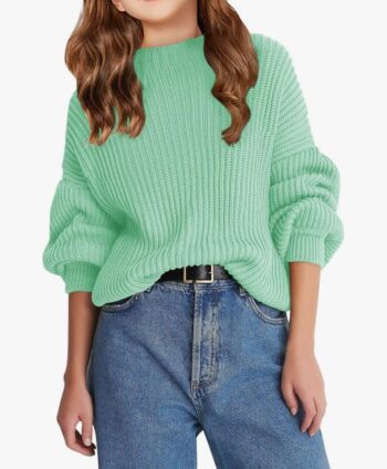 Kids Pullover Sweater Round Neck Solid Ribbed Knit Long Sleeve Sweater