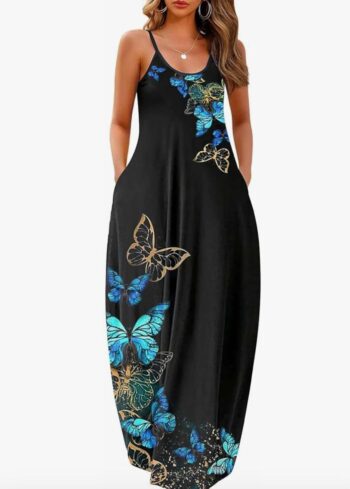 Casual Sleeveless Sundress Loose Plain Long Summer Beach Maxi Dress with Pockets