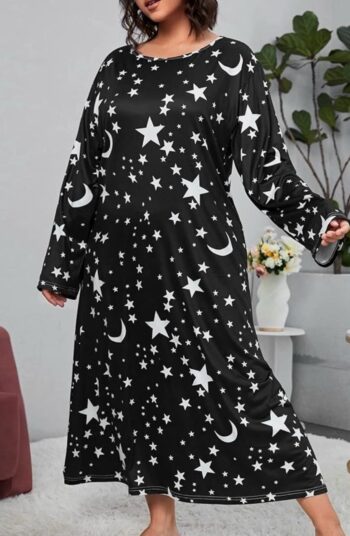 Women's Plus Size Long Sleeve Star Print Loose Nightgown Sleepshirt Loungewear