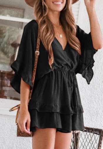 Womens V Neck Beach Romper Ruffle Layered Drawstring Waisted Shorts dress
