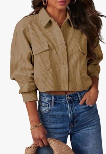 Womens Crop Button Down Shirts Casual Long Sleeve Lapel Blouse with Chest Pocket Solid Color