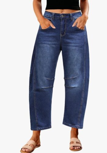 Barrel Jeans for Women Trendy High Waisted Wide Leg Baggy Cropped Relax Fit Stretch Denim Trouser Ankle Pants