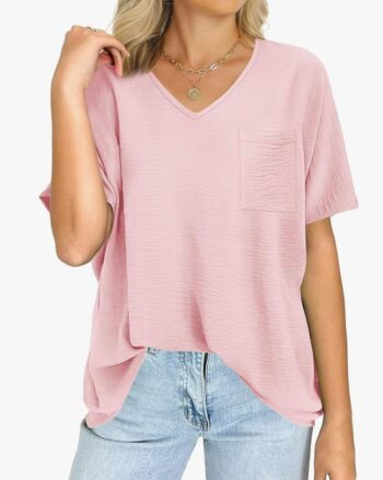 Women's Oversized T Shirts Summer Tops Short Sleeve V Neck Casual Loose Fit Textured Blouses