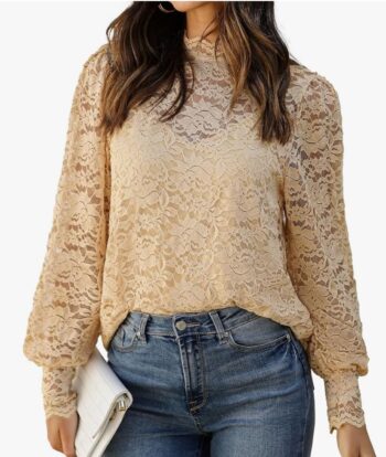 Women Lace Tops Long Sleeves Mock Neck Casual