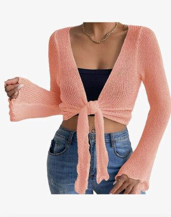 Women's Knitted Cardigan with Tie Front, Long Sleeves, Soft Stretch Fabric for Casual and Travel