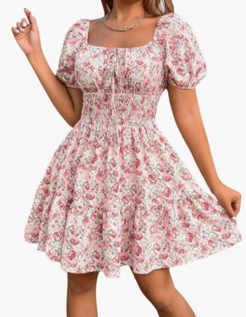 Women's Boho Square Neck Puff Short Sleeve Self Tie Front A Line Dress