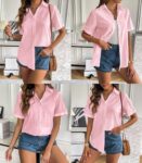 Women Linen Button Down Shirt Rolled Cuffed Short Sleeve Blouse Ladies Summer Casual V Neck Beach Cotton Tops