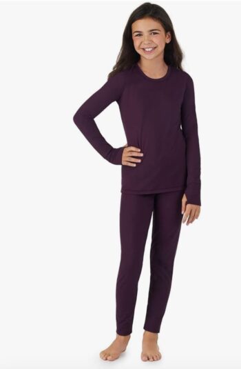 Girls Cold Weather Fleece-Lined Thermal Underwear 2-Piece Set - Kids Long Sleeve Top and Leggings
